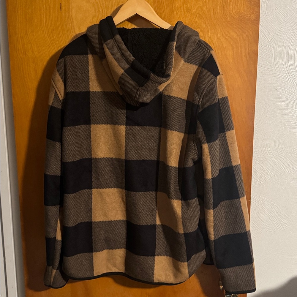 Brown Plaid Hoodie Mens Large Fleece Sherpa D/SET - Picture 3 of 3